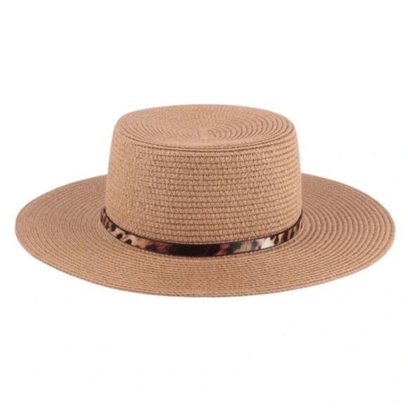 Brown Panama Brim Hat With Leopard Strap Accent - Picture 1 of 2